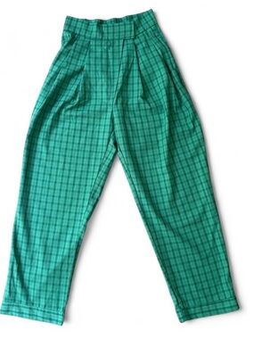 Flow Made Seoul Green Plaid Asymmetrical High-Waist Pleated Cropped Trousers M
